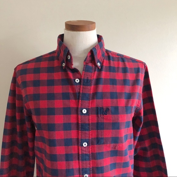 AEO Red Classic Fit Check button down shirt - Picture 2 of 5